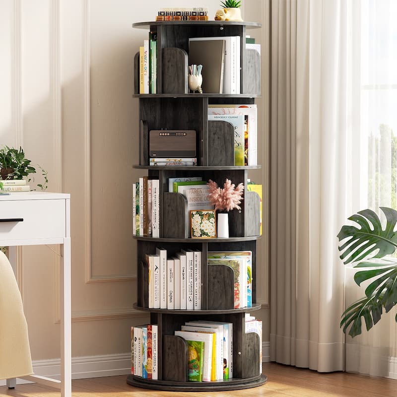 4/5/6 Tiers Round Rotating Bookcase, Revolving Floor Standing Bookshelf Corner Organizer Display - Gray-5T