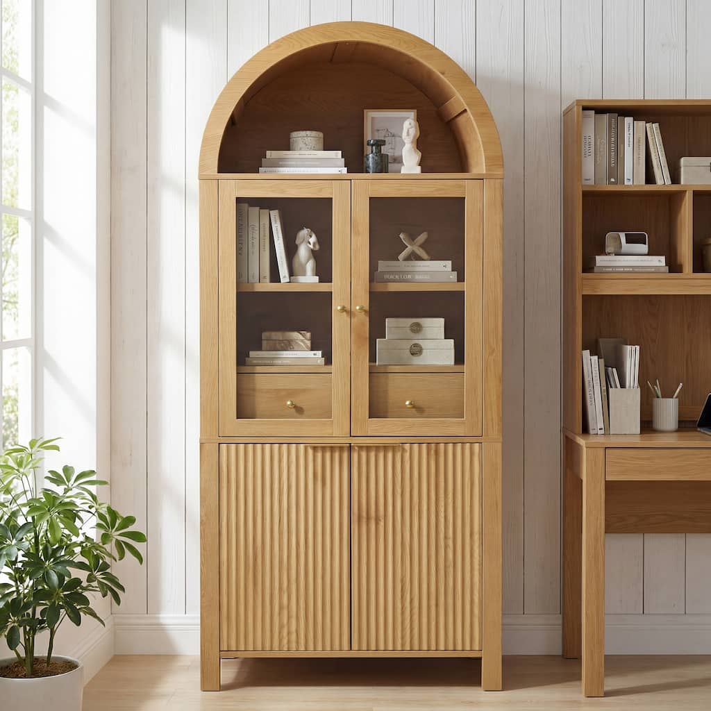 71"Fluted Tall Arched Pantry Cabinet with Adjustable Shelves,Elegant Display Storage with Hidden Drawer & Glass Door
