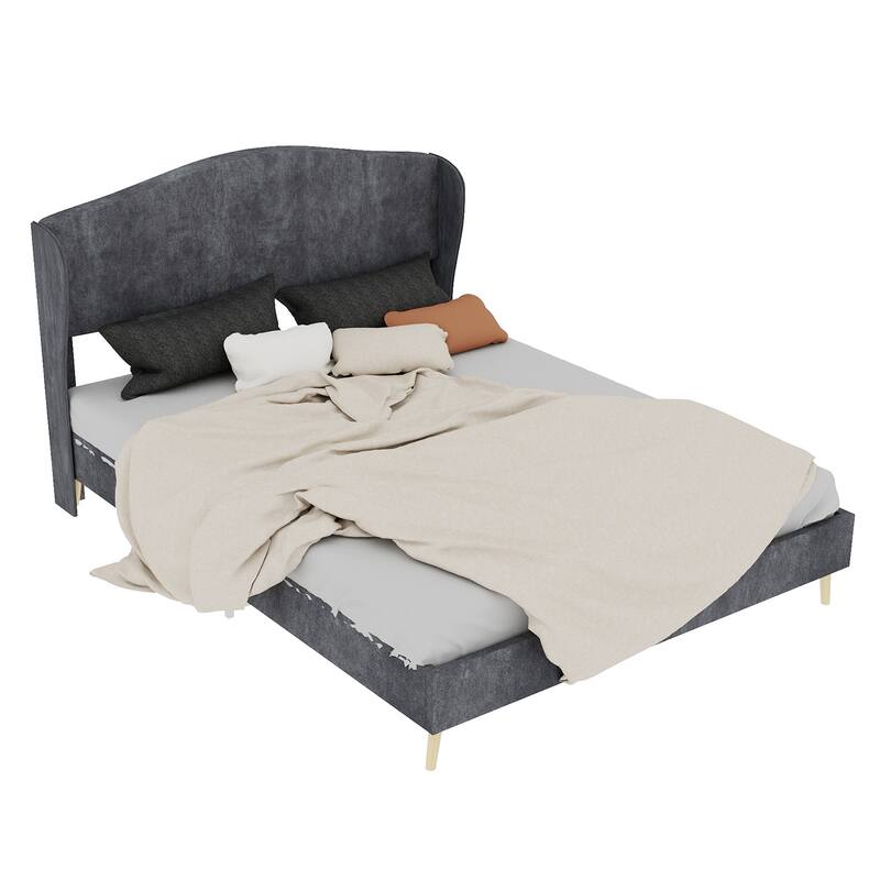 Upholstered Bed Frame Fabric Platform Bed with Wingback Headboard/Wood Slats Support/No Box Spring Needed/Noise-Free Structure