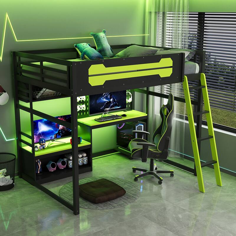 Full Size Gaming Loft Bed with Desk, Shelves, LED, USB and Pegboard - Green - Full