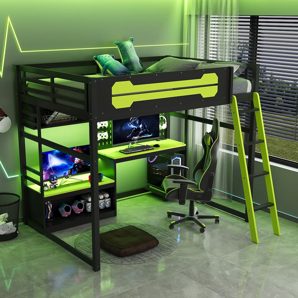 Full Size Gaming Loft Bed with Desk, Shelves, LED, USB and Pegboard