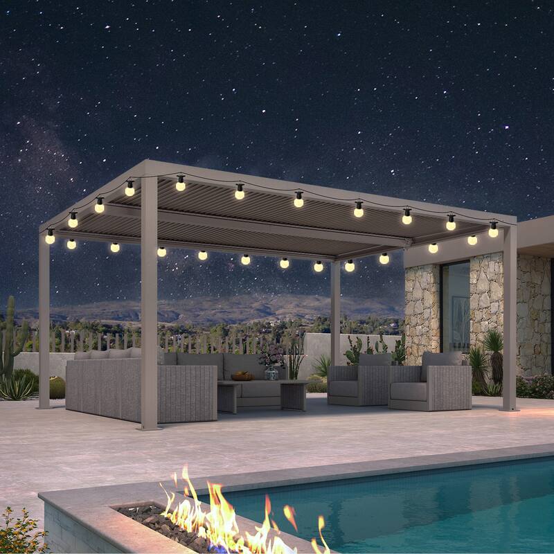 PURPLE LEAF Louvered Pergola with Solar Lights Hardtop Gazebo for Patio - 12' x 16' - Champagne
