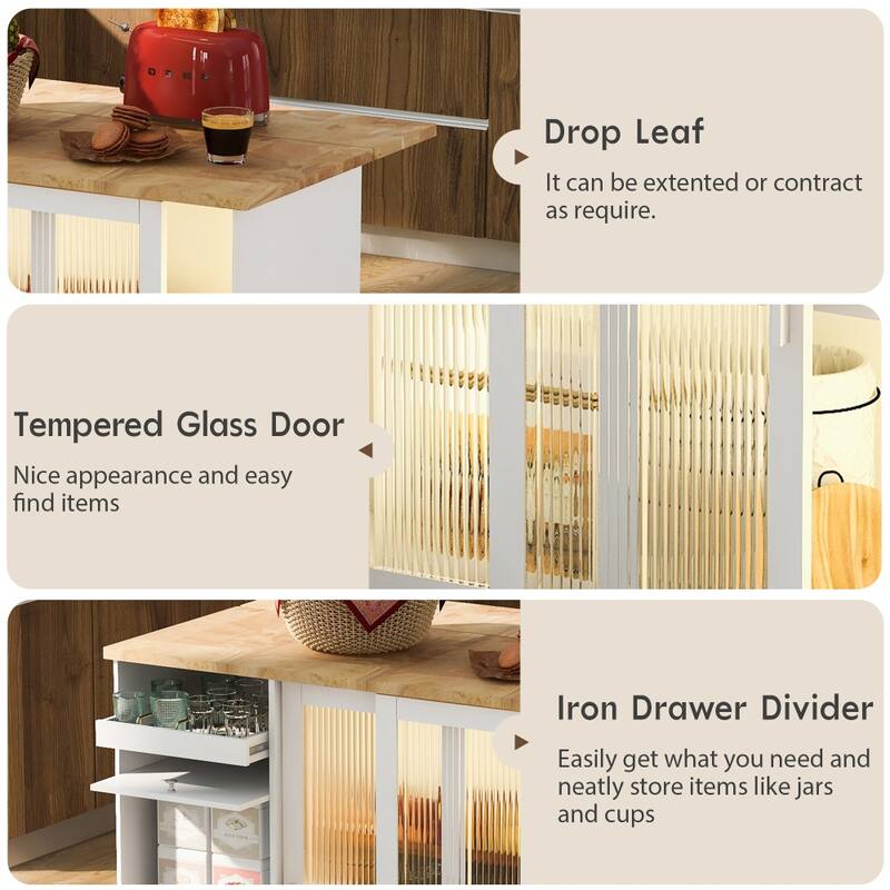 LED Light Kitchen Cart with Drop Leaf and Adjustable Shelf