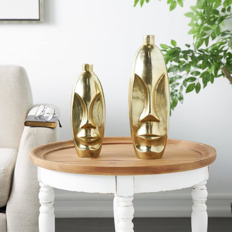 Gold Aluminum Metal Face Decorative Vase with Abstract Details (Set of 2) - Gold