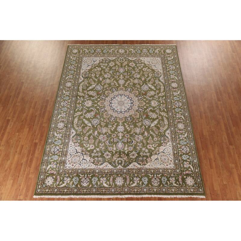 Traditional Green Kashan Oriental Area Rug Floral Wool & Silk Carpet - 9'0"x 12'0"