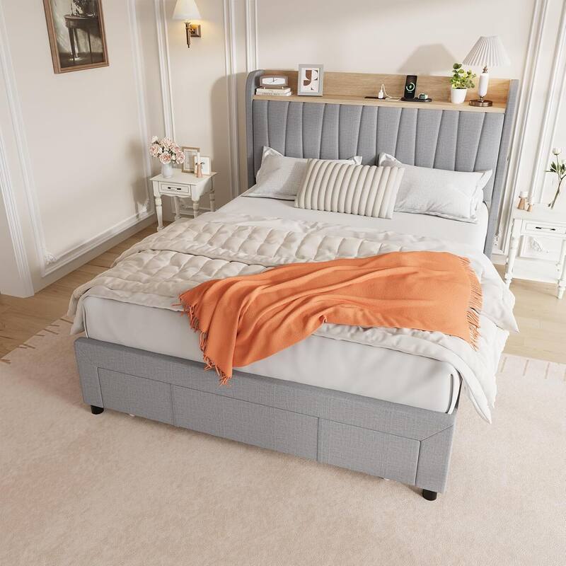 Upholstered Platform Beds with Drawers, Storage Headboard, Charging Station, Grey - Queen