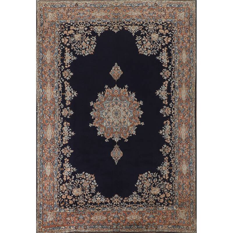 Navy Blue Floral Kerman Persian Antique Area Rug Handmade Wool Carpet - 6'11" x 9'7"