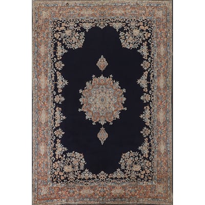 Navy Blue Floral Kerman Persian Antique Area Rug Handmade Wool Carpet - 6'11" x 9'7"