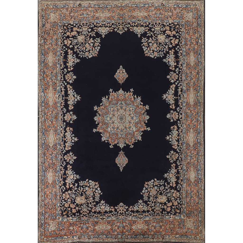 Navy Blue Floral Kerman Persian Antique Area Rug Handmade Wool Carpet - 6'11" x 9'7"