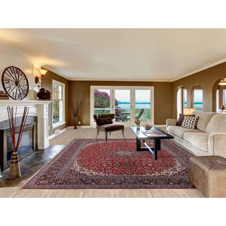 Red Floral / Traditional Kashan Turkish Rug Machine-Made Carpet - 9'7" x 12'10"