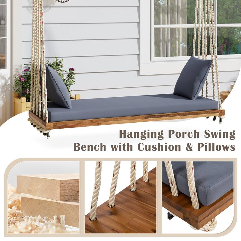 Acacia Wood Swing Chair, Hanging Porch Bench with Cushion & Pillows, 400lb Capacity & 10.8ft Ropes