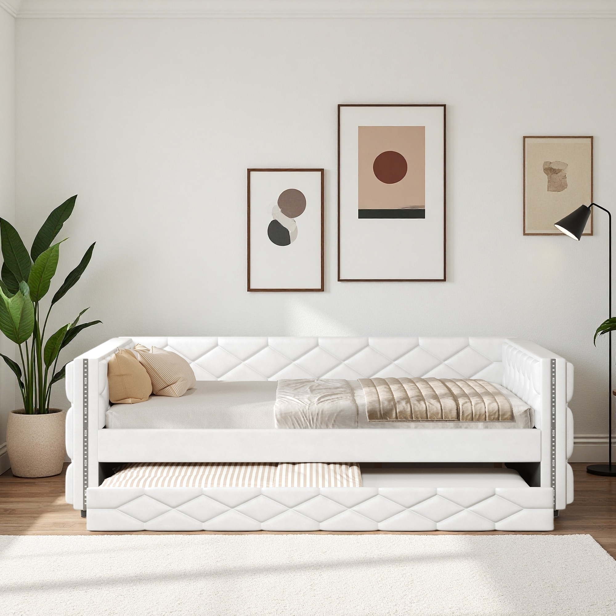 Full XL Size Upholstered Daybed with Trundle and LED Lighting