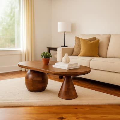 Leeds Coffee Table | 38" Handmade Walnut Brown Mango Wood Oval Top | Round Ball and Cone Base