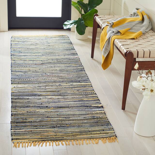 SAFAVIEH Handmade Rag Rug Bookem Casual Stripe Cotton Rug with Fringe - 2'3" x 7' Runner - Yellow/Multi