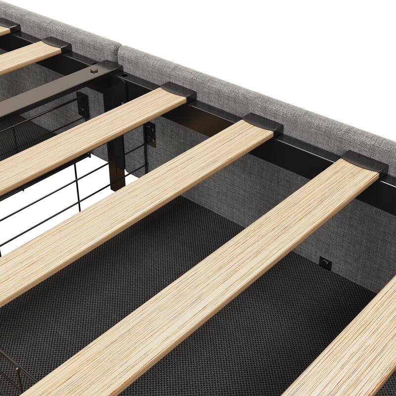 Light Grey Queen Size Platform Bed with LED, Four Under-bed Storage Drawers, and Winged Headboard