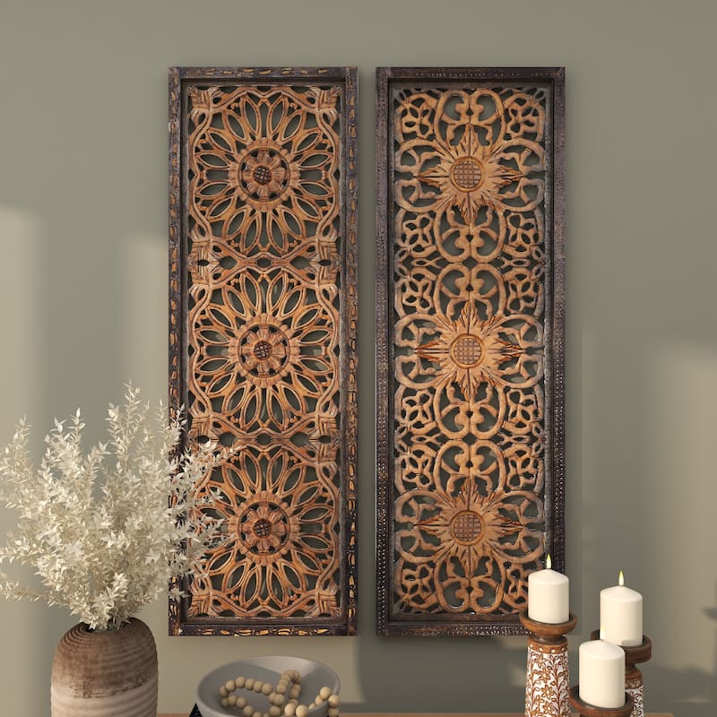 Wood Floral Handmade Intricately Carved Home Wall Decor - Set of 2 Brown - Roche River Decor