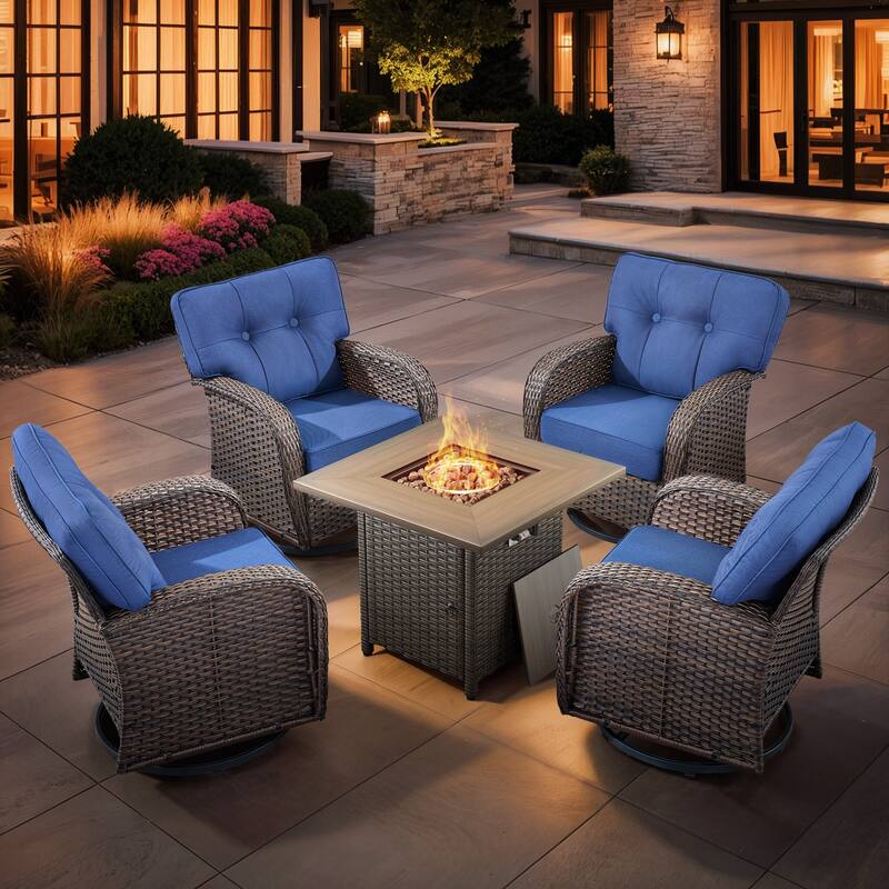 Gymojoy 5-Piece Outdoor Wicker Patio Furniture Set with 55,000 BTU Fire Pit Table, Swivel Chairs & Thick Cushions - Brown Wicker / Blue Cusion - 5-Piece