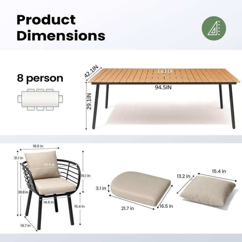 9-PC Outdoor Patio Aluminum Dining Set Table With Dining Chairs Sunbrella Seat&Back Cushions