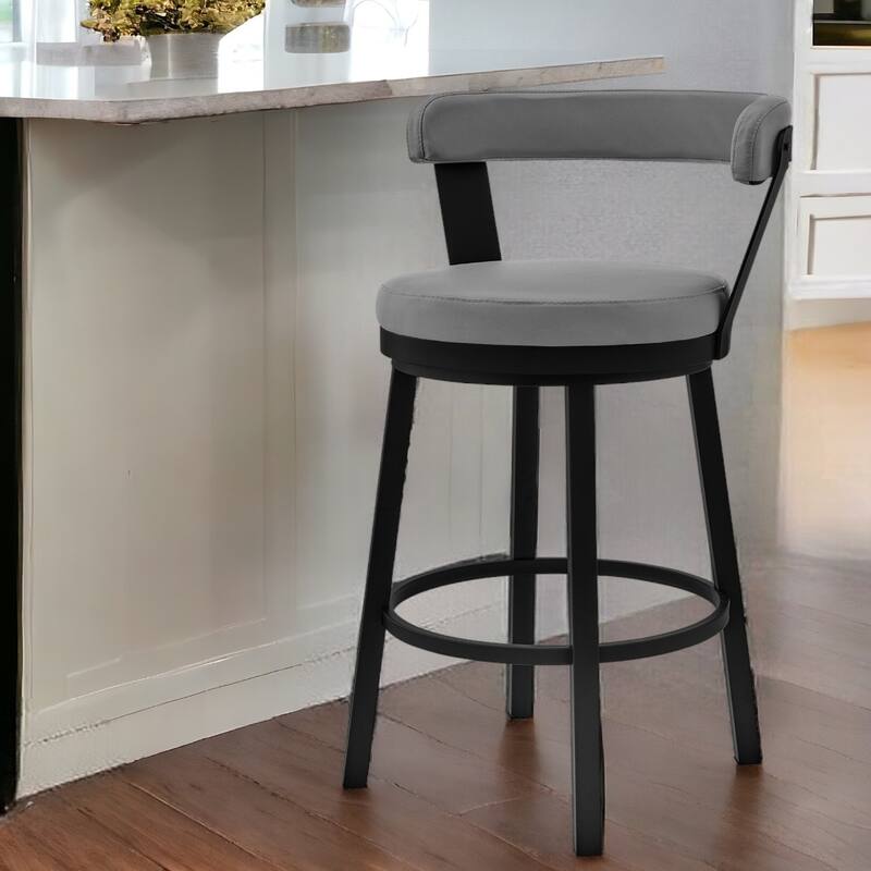 Contemporary 26 Inch Swivel Bar Stool with Footrest Grey Seat and Black Frame for Kitchen Use - 36”H x 17”W x 19”D