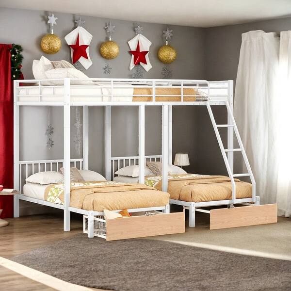 slide 2 of 9, Full Over Twin & Twin Metal Triple Bunk Bunk Bed with Drawers, White White