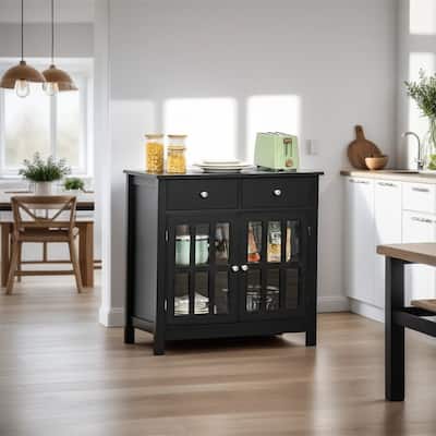 Sideboard Buffet Cabinet w/ Glass Doors, Adjustable Shelf & 2 Drawers