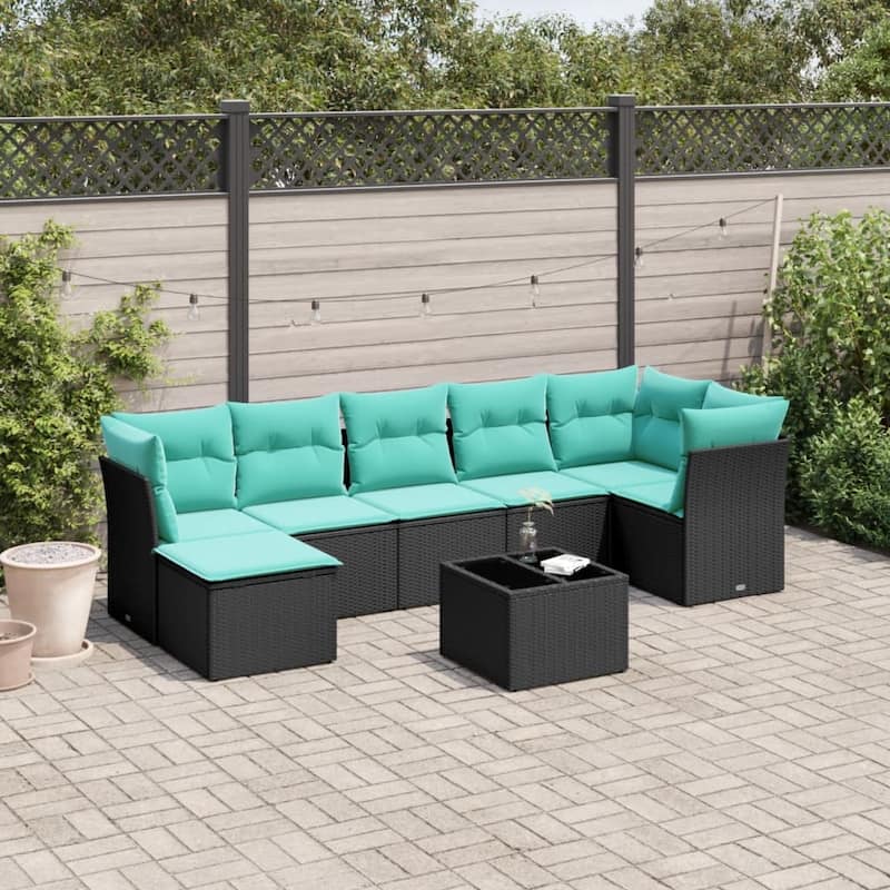 vidaXL 7 Piece Patio Sofa Set with Cushions Black Poly Rattan - 113.8x27.2x48.8-With table