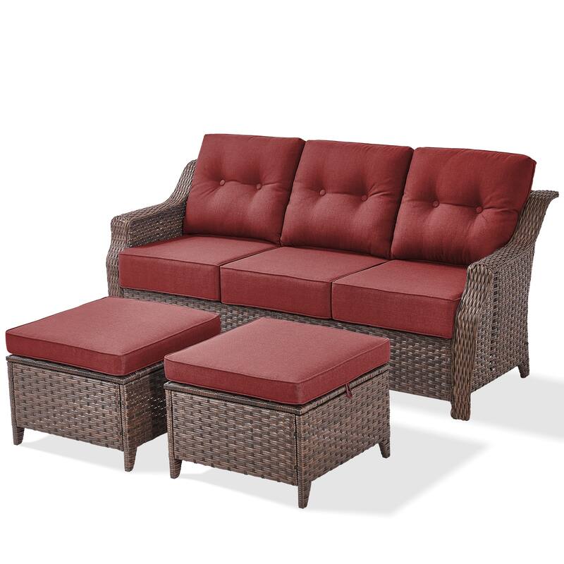 Gymojoy 3-Piece Wicker Patio Furniture Ottoman & Sofa Set, 6-Inch Ultra Thick Cushioned