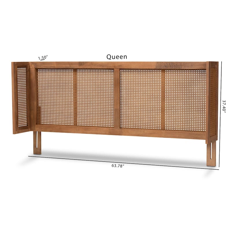Mid-Century Modern Ash Walnut Wood and Synthetic Rattan King Size Wrap-Around Headboard, Bohemian Charm