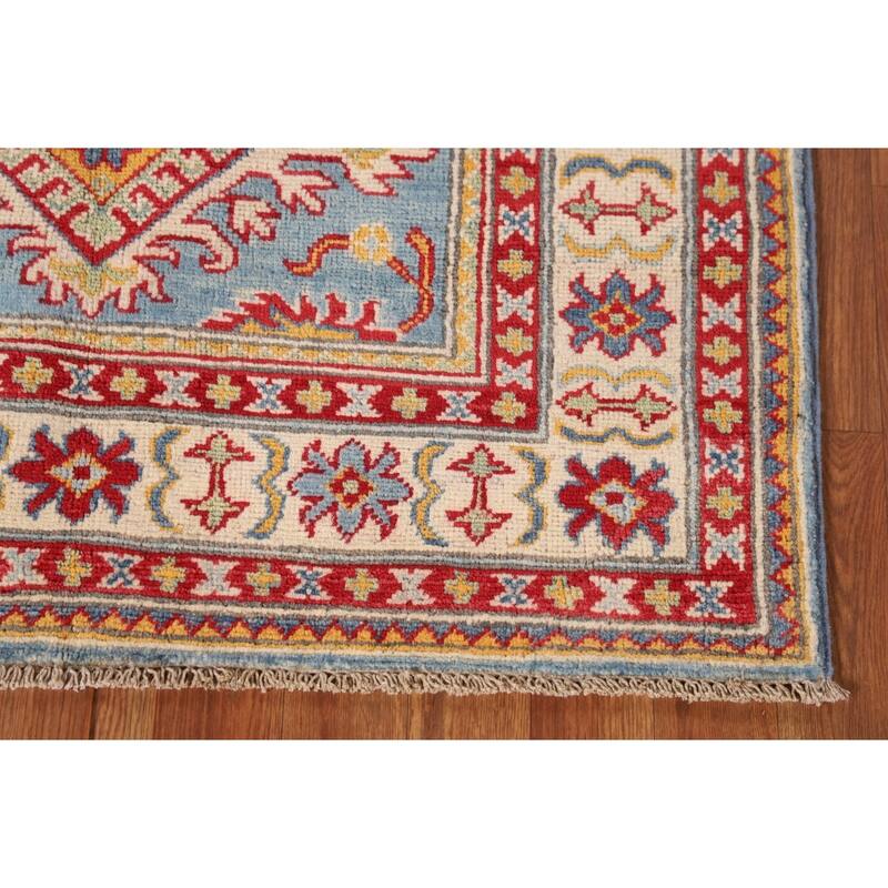 Light Blue Kazak Accent Rug Hand-Knotted Geometric Wool Carpet - 3'4"x 4'11"