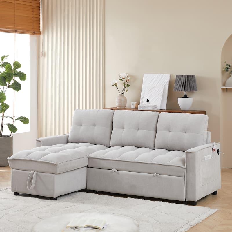 78.75" Reclining Pull-Out L-Shaped Sectional Sofa with USB, Storage, Pocket, LIGHT GREY Chenille