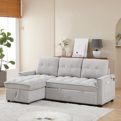 78.75" Reclining Pull-Out L-Shaped Sectional Sofa with USB, Storage, Pocket, LIGHT GREY Chenille