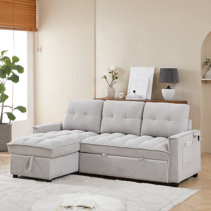 L-Shaped Reclining Sofa with Pull-Out Bed, USB Charging Ports and Storage, Arm Side Organizer for Living Room Comfort - LIGHT GREY