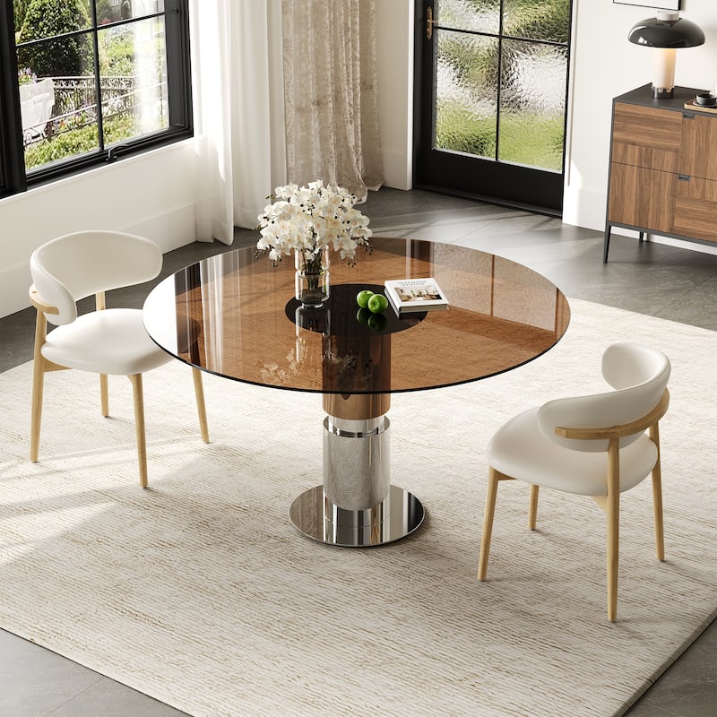 3 Piece Round Dining Table Set Tempered Glass Top Stainless Steel Base 4 Chairs