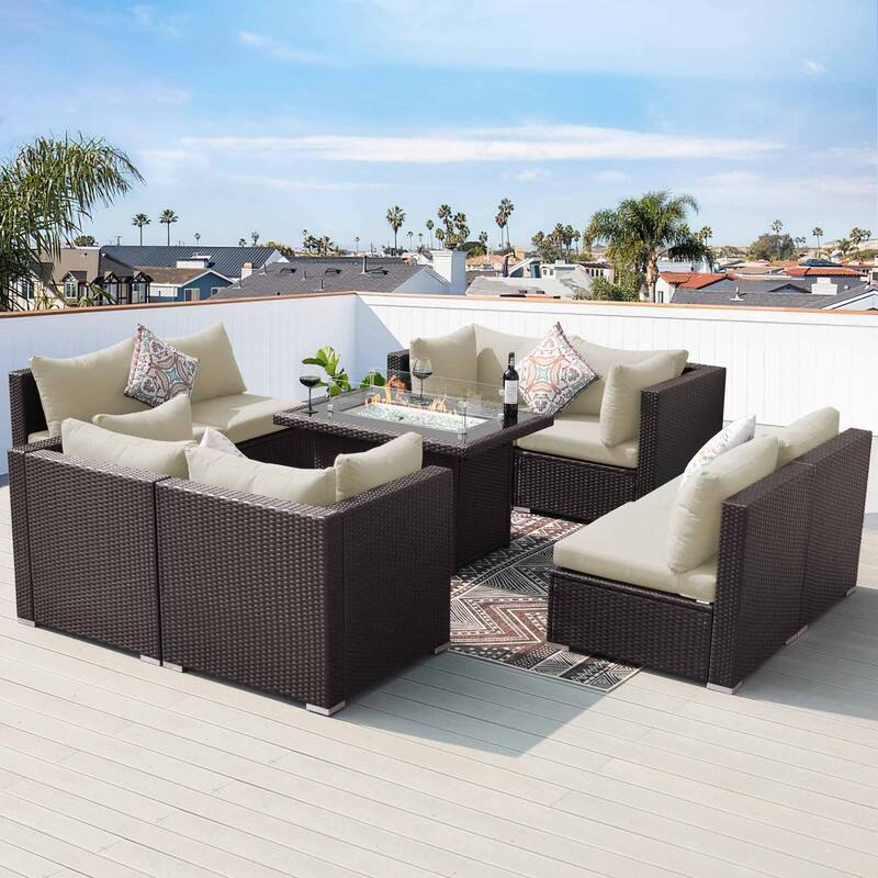 9-Piece Outdoor Brown Wicker Sectional Patio Conversation Set with 43″ Fire Pit Table, Cushion - Beige