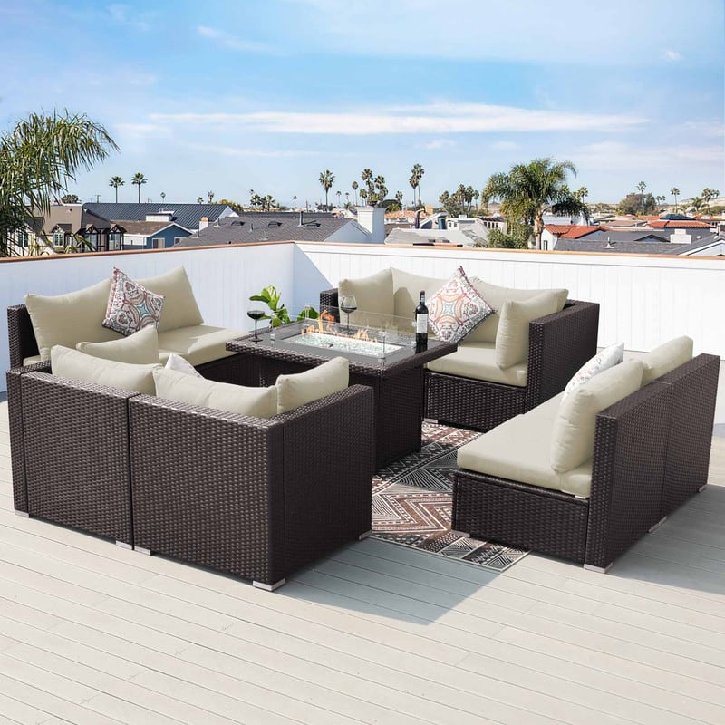 9-Piece Outdoor Brown Wicker Sectional Patio Conversation Set with 43″ Fire Pit Table, Cushion