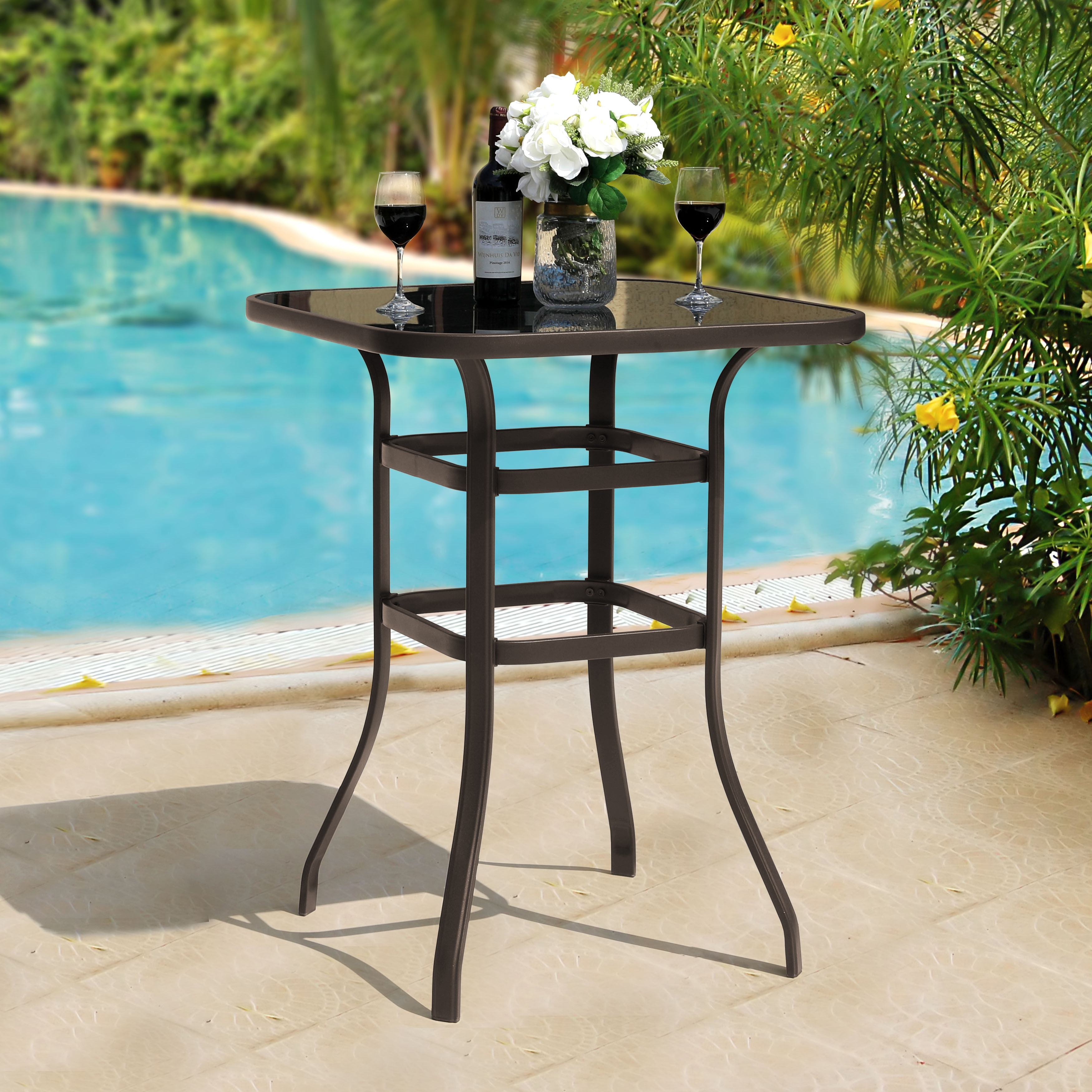 Nuu Garden Outdoor 32 Inch Square Bar Table with Tempered Glass Tabletop