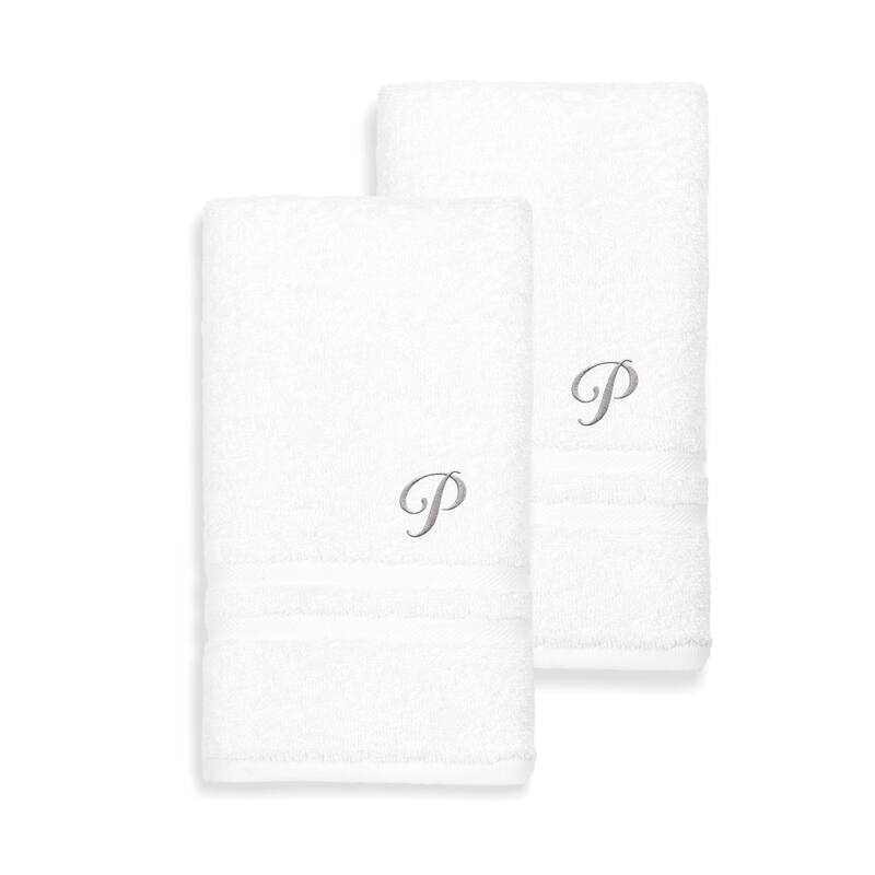 Authentic Hotel and Spa Omni Turkish Cotton Terry Set of 2 White Hand Towels with Grey Script Monogrammed Initial - P