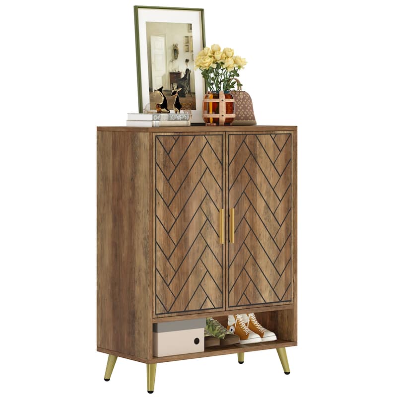 Wood and Metal 2-door Shoe Storage Cabinet with Adjustable Shelves for Entryway