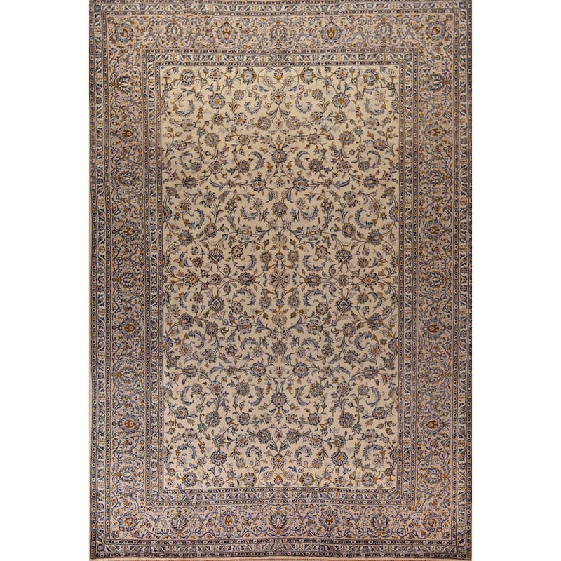 Ivory Floral Kashan Persian Vintage Area Rug Handmade Wool Carpet - 9'10"x 13'2"