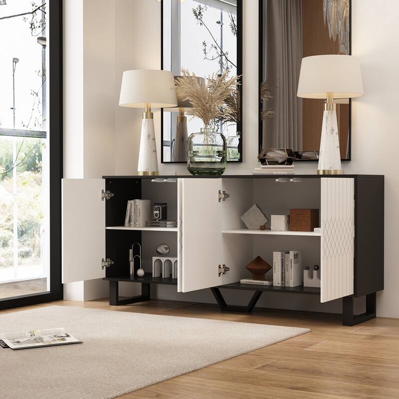 Modern 4 Door Bookmatch Buffet 63inch Black White End Table Sideboard