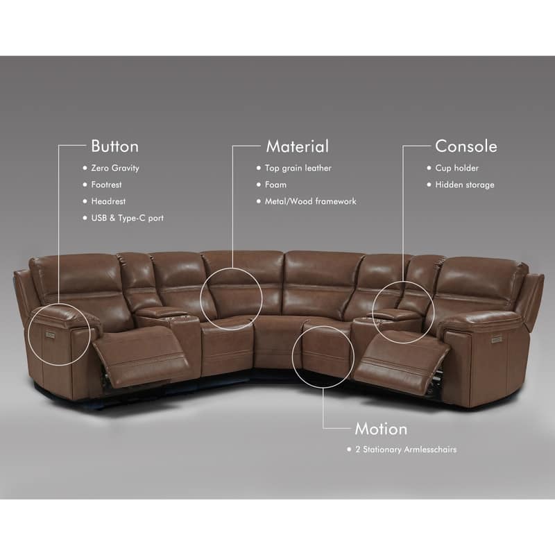 121" W Premium Genuine Leather Dual-Power Sectional Sofa with Console, Zero Gravity, Adjustable Headrest