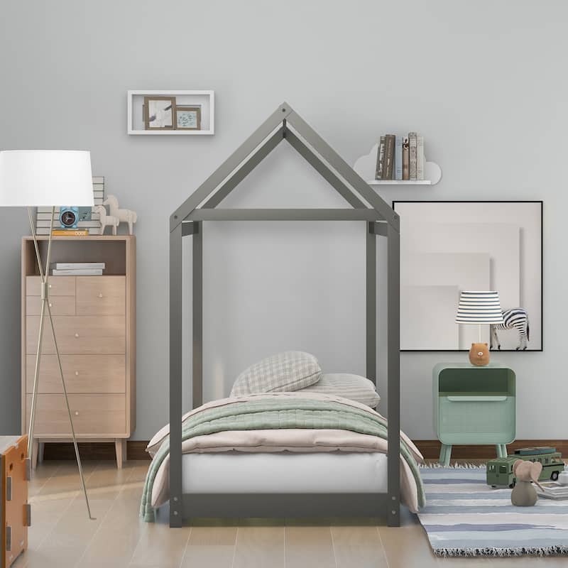 Wooden House Bed - Grey