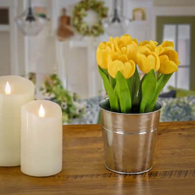 National Tree Company 9 in. Yellow Tulip Bouquet in Metal Pot