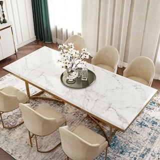 Modern Marble Dining Table with Rectangular Tabletop Carbon Steel Legs, for Kitchen and Dining Room