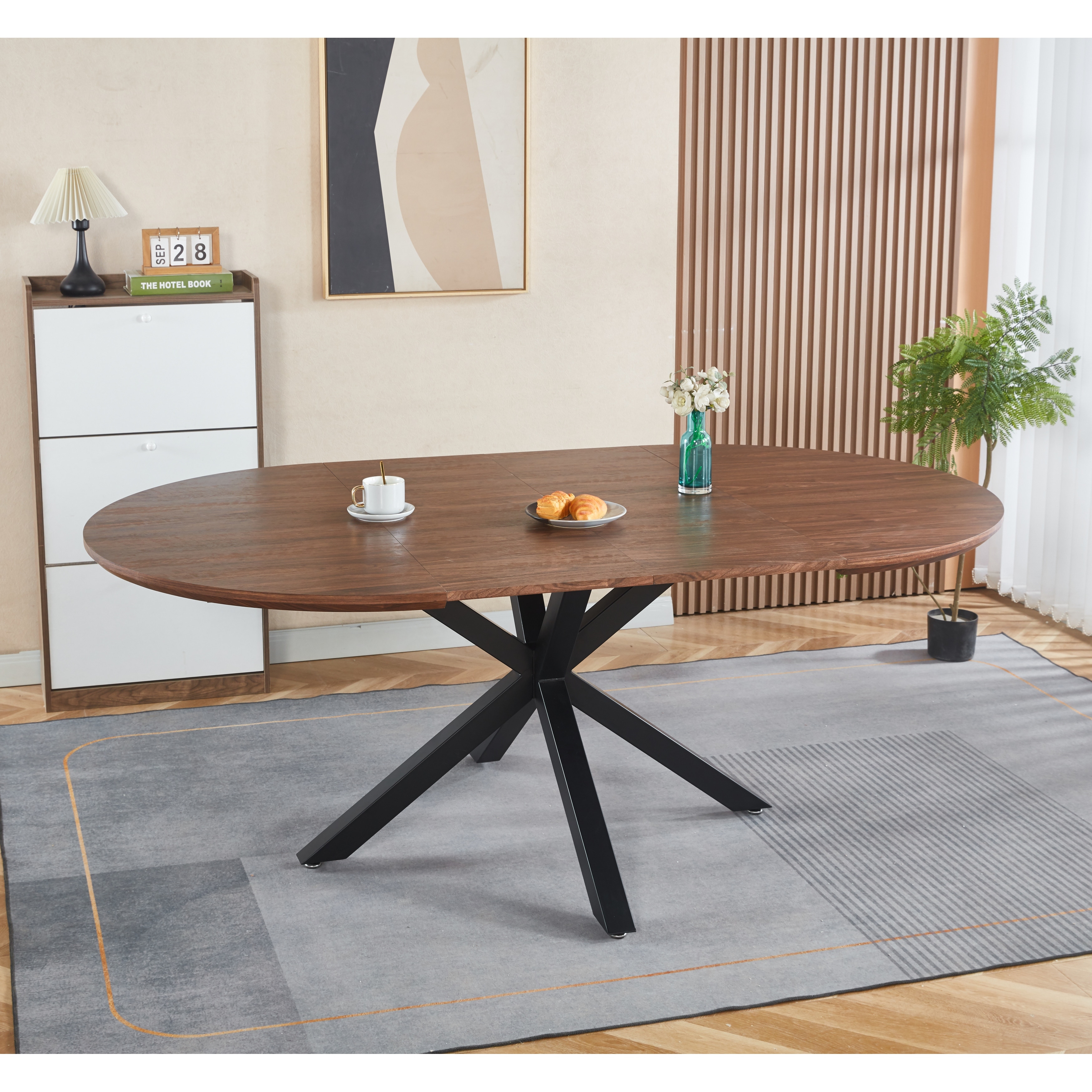 Oval Extendable Dining Table, Compact Kitchen Table with Crossed Metal Legs, Modern Coffee Table Casual Table