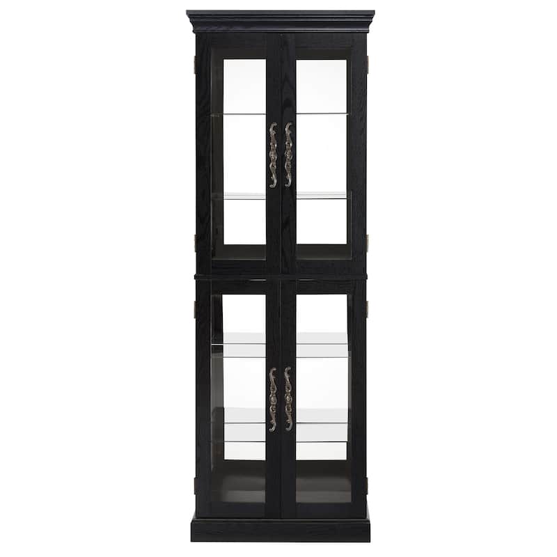 Lighted Glass Curio Display Cabinet Wood Frame Storage Wine Toys Black Living Room Bulb Included