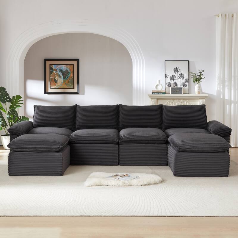 U-Shaped Sectional Sofa with 2 Ottomans, Oversized Corduroy Upholstered Cloud Sofa, Corner 6 Seater Sofa with Pillows