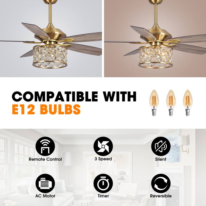 52-in Modern Gold 5-Blade Crystal Caged Ceiling Fan with Remote - 52-in W