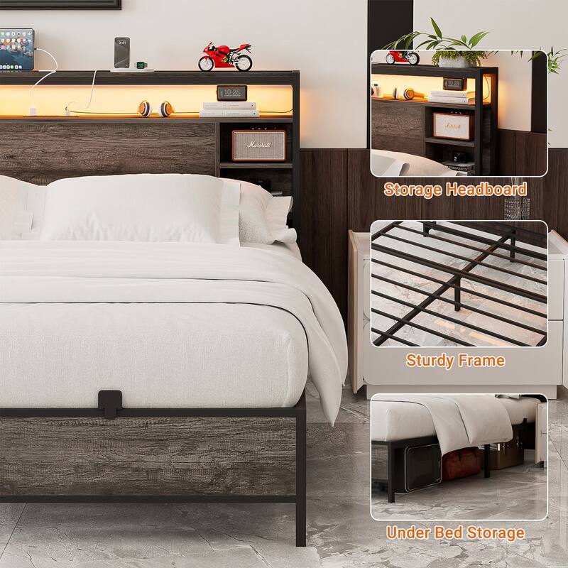 Bed Frame with Charging Station and RGB LED Lights, Sturdy Platform Bed with Storage Headboard,