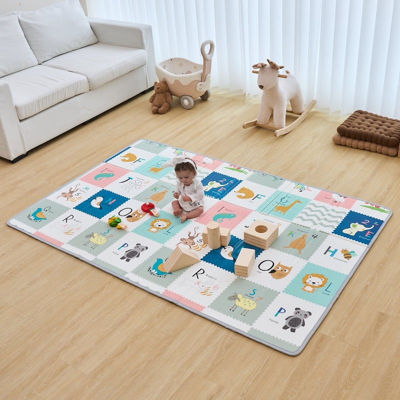Multi-Color Baby Play Mat, Dual-Sided, Soft and Foldable for Crawling - 79” L x 51” W